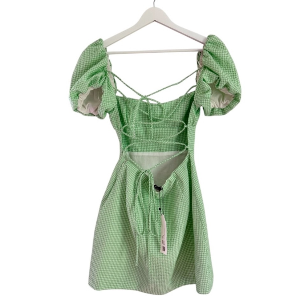 NWT Zara Lace Up Back Mini Dress Puff Sleeve Gingham Green and White Size Medium - Picture 2 of 12